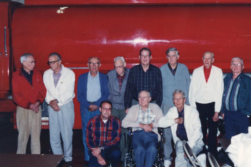 Retired HFD/ORFD Volunteer firefighters were honored at a barbecue supper sponsored by local Hillsborough merchants in 1994.  Front row L-R:  Tyson Clayton, George Teer, Lenna Moore.  Back row:  Marion Clark, Jim Gordon, Dr. H.W. Moore, Allen Lloyd, Chandler Cates, Marshall Cates, Alton Williams and Bill Blackwelder.  