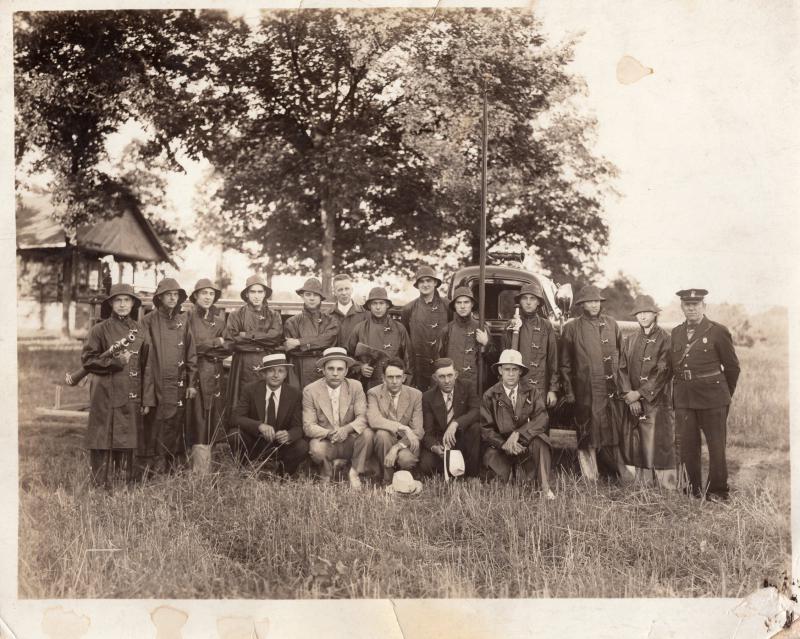 The 1937 Hillsboro Fire Department.  Pictured from left to right are (kneeling) Rainey Roberts, Dr. H.W. Moore, Edwin Lynch, Mayor Ben Johnston, Chief George Gilmore; (standing) Marvin (Jug) Walker, Herman Strayhorn, Curtis (Hank) Rhew, Jim Gordon, C.D. (Buck) Knight, Vincent (Chunk) Forrest, Leonard Rosemond, Roger Wilson, Homer Watkins, Seth Thomas, Mitchel Lloyd, George Teer and Harvey Watkins  