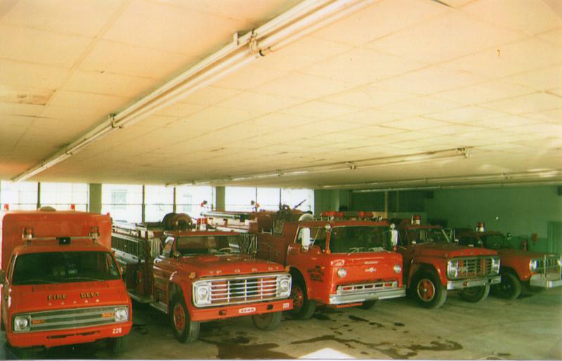 Trucks in bay of 206 S. Churton station.  Formerly Ray Motor Co.
1974 Dodge Equipment Truck, 1972 Ford F-750 John Beam Tanker, 1980 Ford F-8000 FMC, 1977 Ford F-750 Engine, 1974 Dodge 300 Pierce Mini Pumper
