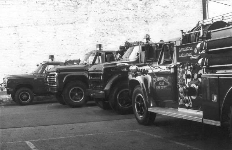 L-R:  1974 Dodge Brush Truck, 1972 Ford Tanker, 1968 Chevrolet, 1964 Ford Engine (Town Truck)